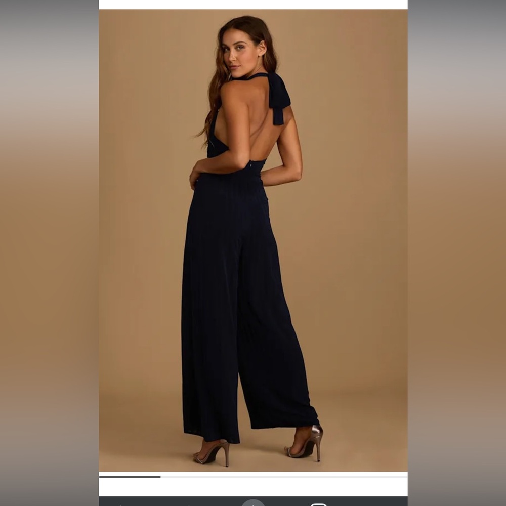Lulus She's Classy Navy Blue Striped Halter Wide-Leg Jumpsuit